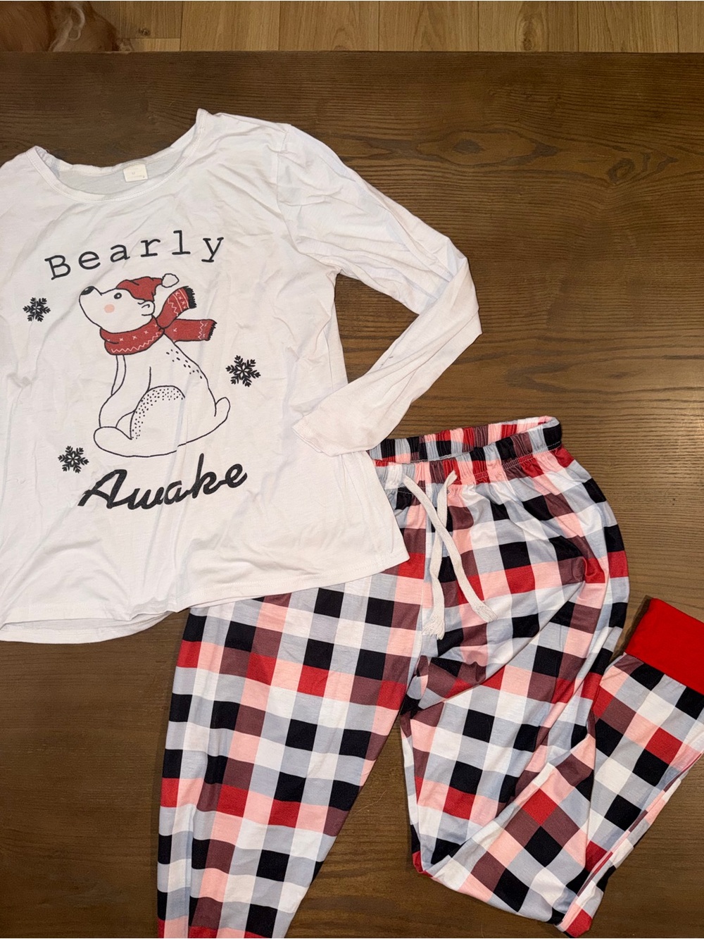 White 'Bearly Awake' Pajama Set with Red Plaid Pants